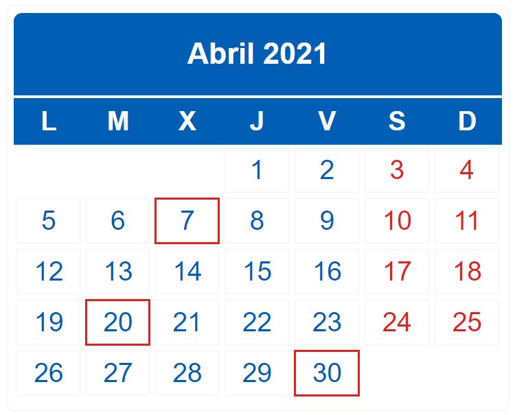 CALENDARIO DEL CONTRIBUYENTE. ABRIL 2021