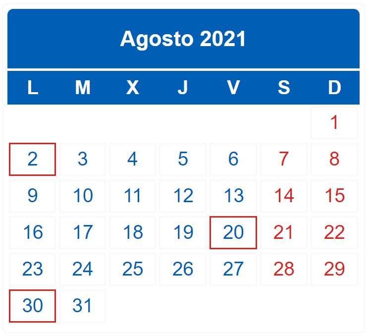 CALENDARIO DEL CONTRIBUYENTE. AGOSTO 2021