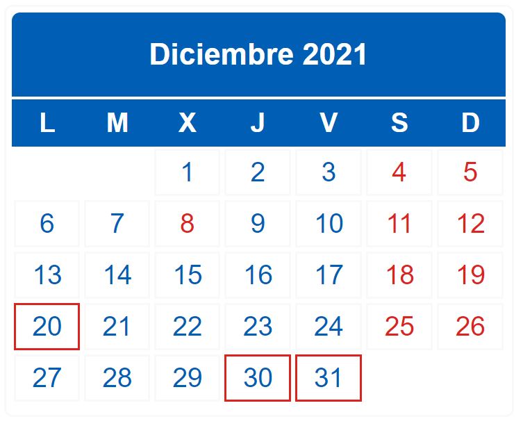 CALENDARIO DEL CONTRIBUYENTE. DICIEMBRE 2021